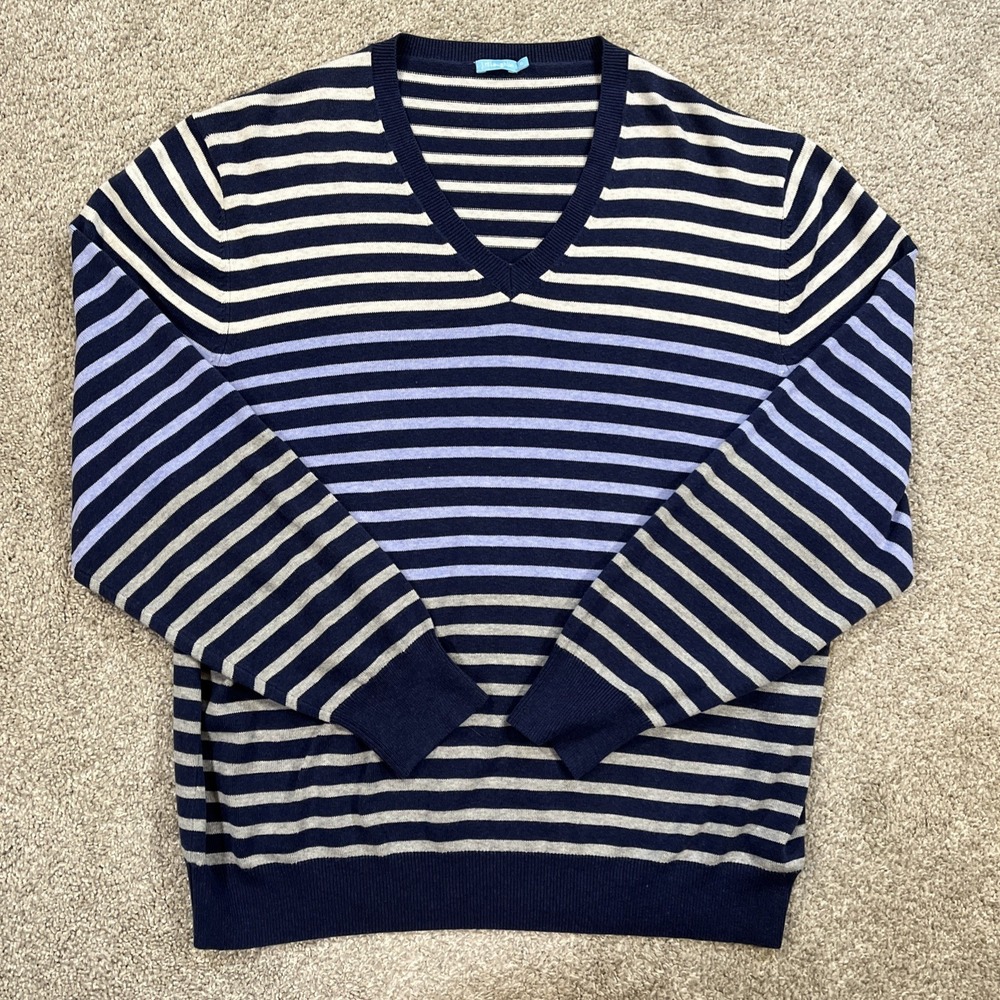 J.McLaughlin Sweater XL Navy Blue Stripe‎ V Neck Cotton Knit Pullover Classic